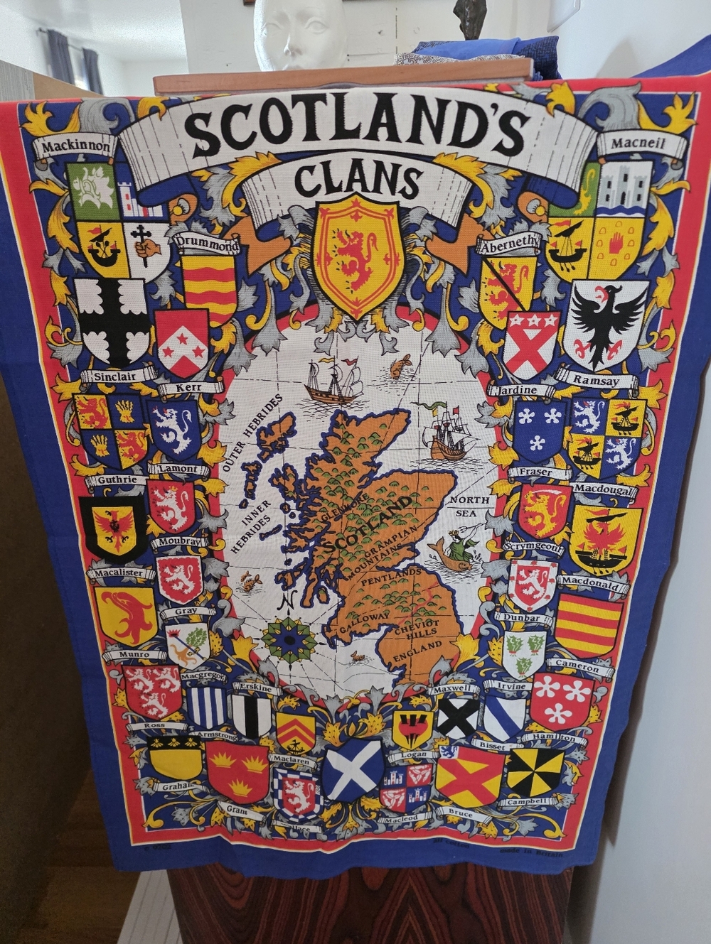Vintage Tourist Towel/Scotland's Clans/cotton Linen Tea Towel Red Blue